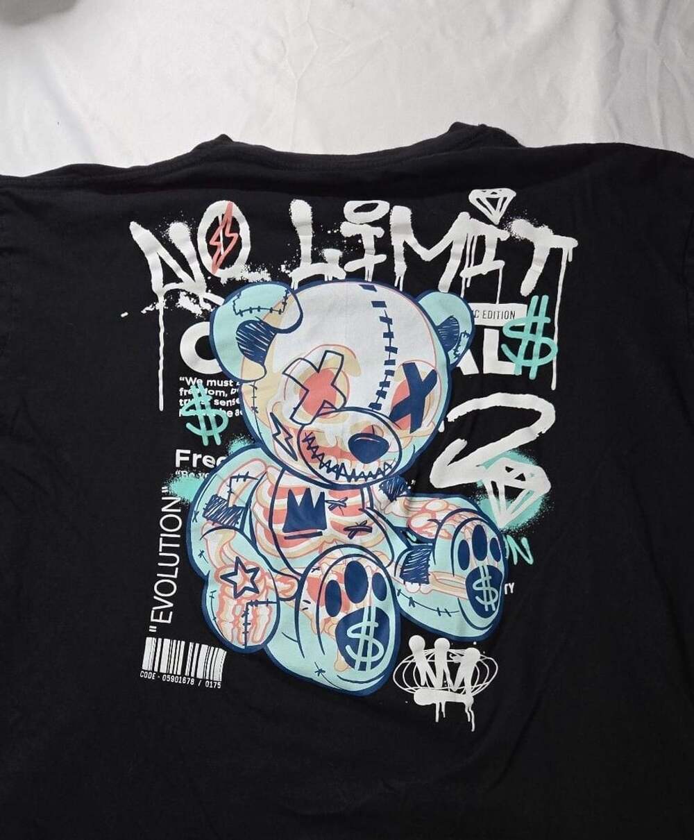 VIBES Graphic T-Shirt Size L Black Teddy Bear No Limit